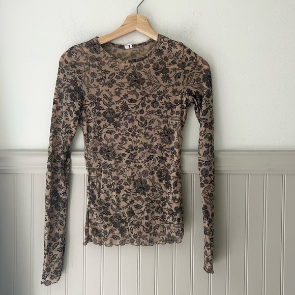 Urban Outfitters Tops - Urban Outfitters Medium Brown Black Floral Mesh Sheer Long Sleeve Tee